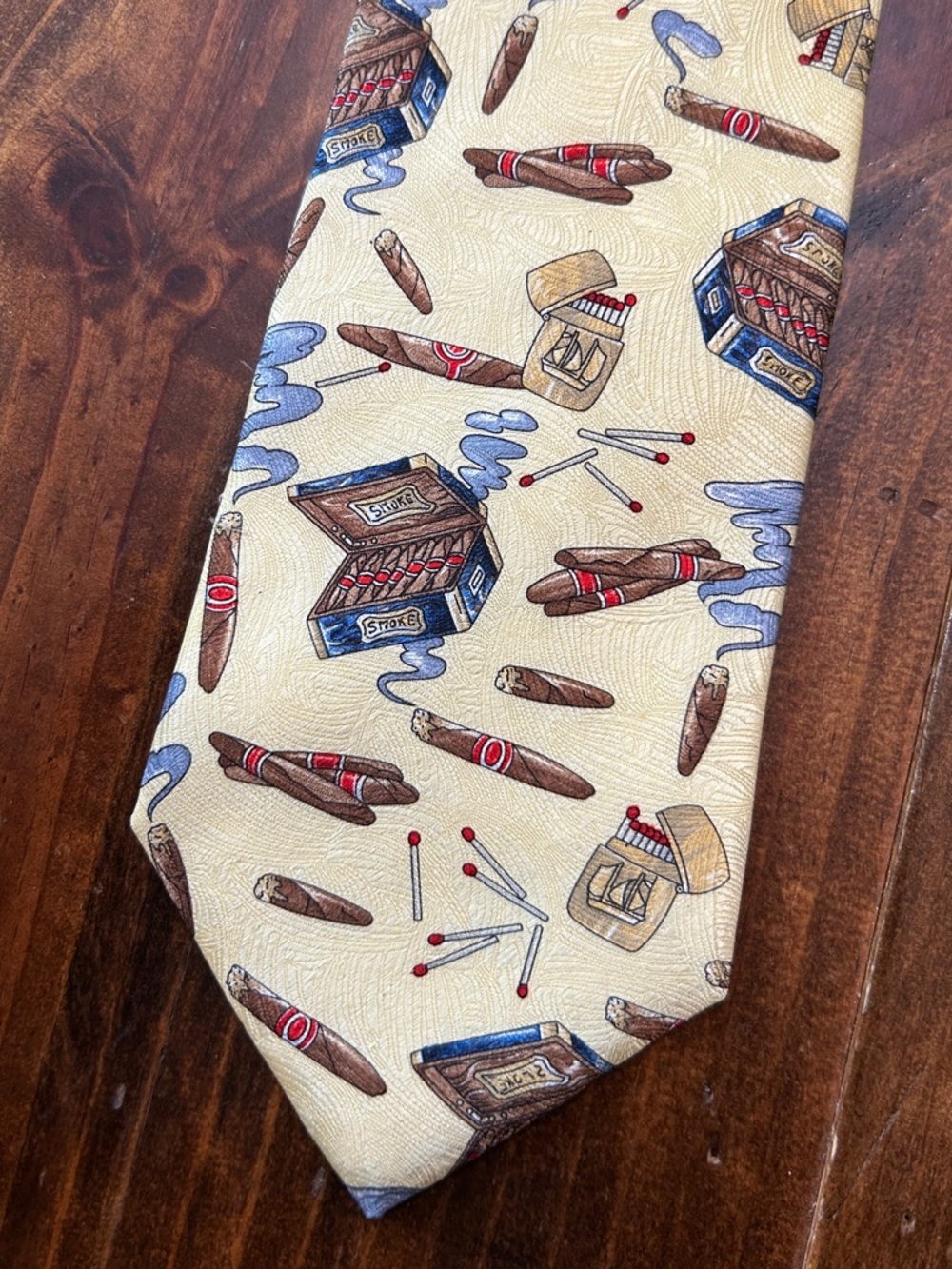 Tom James Cream Silk tie with Cigar and Matchbox design
